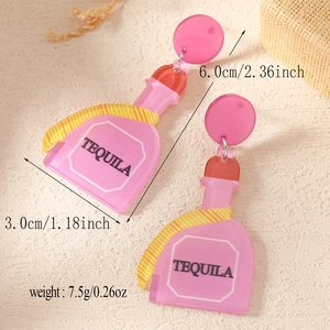Detail view of pink acrylic Tequila bottle earrings with size dimensions 6.0cm by 3.0cm