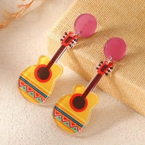 Fashionable Cinco de Mayo acrylic guitar drop earrings with colorful ethnic stripe patterns