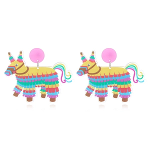 Kleurrijke Mexicaanse Piñata acryl oorbellen met feestelijke kwastjesprint en regenboogaccenten