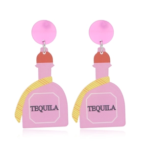Detailed close-up of pink acrylic Tequila bottle earrings for Mexican carnival theme