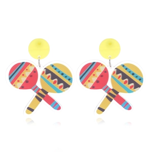 Mexican Fiesta earrings featuring colorful maracas on transparent acrylic pendants