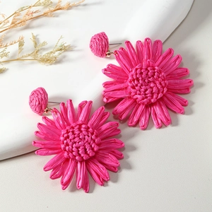 Bohemian handmade raffia flower earrings in rose red for summer beach vacation style
