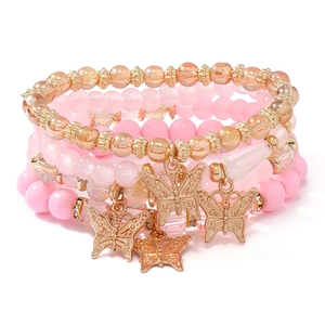 Böhmisches vierteiliges elastisches Perlenarmband-Set mit rosa Schmetterlingsanhängern