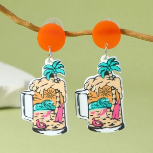 Boucles d'oreilles créatives en acrylique motif chope de bière et paysage tropical