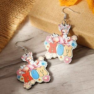 Close-up of wooden floral MOM earrings with cute deer design for Mother's Day gift