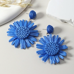 Handmade Klein blue raffia sunflower woven earrings for beach vacation jewelry fashion