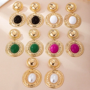 Vintage bohemian gold alloy geometric drop earrings with colorful gemstones and hammered texture
