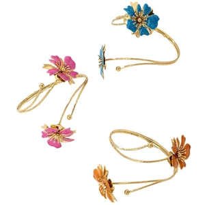 Three-piece set of elegant floral arm cuffs in vibrant pink, blue, and orange with gold finish