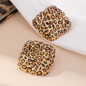 Retro square leopard print earrings with a gold twisted metal texture for women