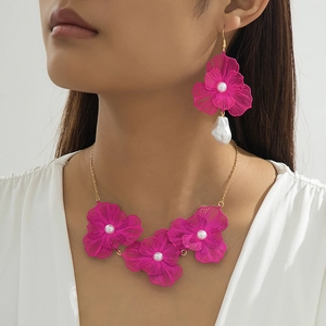 Vintage Fuchsia Hohl Blume Halskette Ohrringe Gold Überzogene Legierung Künstliche Barockperle Anhänger Schmuck Für Hochzeit Party Damen
