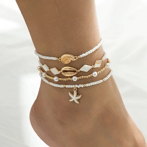 Juego de Tobilleras Bohemias de Concha y Estrella de Mar para Mujer Oro Aleación Perla Artificial de Imitación Joyas para Pies de Playa