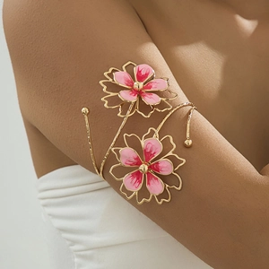 Bohemian Zinc Alloy Enamel Flower Arm Cuff Irregular Spiral Metal Armlet Upper Arm Bracelet For Women Vacation Jewelry