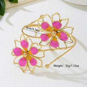 Golden irregular metal arm cuff with pink enamel flowers for women fashion jewelry