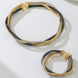 Vue détaillée d'un ensemble de collier et bracelet multicouche avec fermoir doré