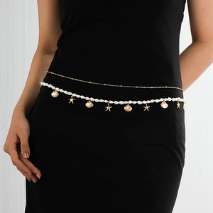 Chaîne de Taille Bohème en Coquillage de l'Océan Alliage Plqué Or Pendentif Étoile de Mer et Coquille Saint-Jacques Chaîne de Corps Double Couche Bijoux de Vacances Femme
