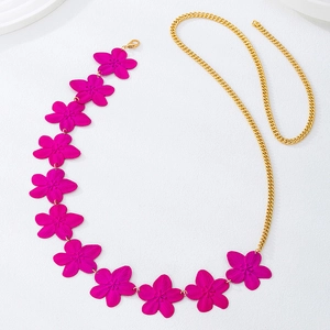 Fashionable hot pink 3D flower body chain and necklace with gold curb chain links