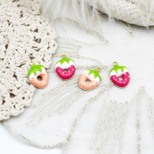 Set of four strawberry donut pendants with 18K gold-plated rings for DIY jewelry making