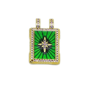 Luxurious 18K gold plated rectangular star pendant with green enamel and purple zircons