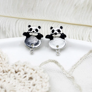 Cute panda earring charms in silver metal and black enamel for DIY jewelry making