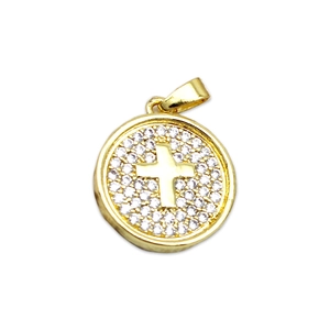 Golden round cross pendant with sparkling white zircons and minimalist polished design
