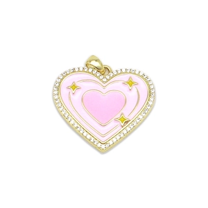 Pink heart enamel charm with star patterns and sparkling crystals in gold finish