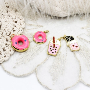 18K Gold Plated Copper Enamel Charms For DIY Jewelry Making Sweet Donut Milk Tea Cactus Rose Mushroom Wine Glass Pendants