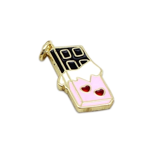 18K gold-plated chocolate pendant with pink enamel and red heart details on white background