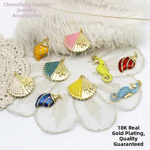 Ocean Series Seahorse Shell Conch Pendant DIY Jewelry Making Accessories Copper 18K Gold Plated Rhinestone Charms