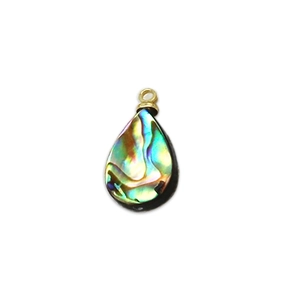 Iridescent abalone shell teardrop pendant with gold bail on a clean white background