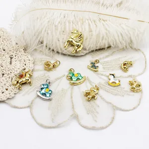 DIY Copper 18K Gold Plated Rocking Horse Unicorn Pendants Animal Enamel Rhinestone Charms For Necklace Bracelet Jewelry Making
