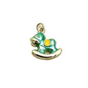 18K gold plated rocking horse pendant charm with green enamel for DIY jewelry making