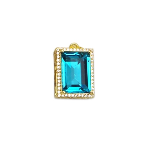 18K gold plated necklace pendant featuring emerald cut blue topaz with micro-pave crystals