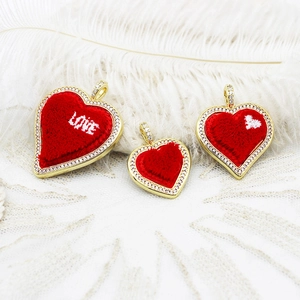 Three-piece set of red velvet heart pendants with gold frames and zircon inlays for DIY jewelry
