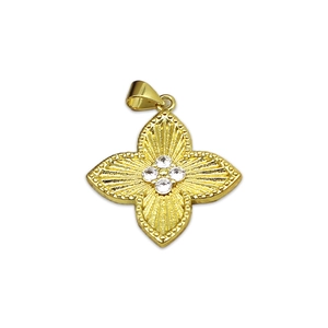 18K gold plated clover pendant with radial texture and four cubic zirconia crystals