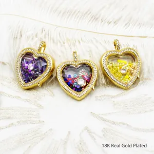 18K gold plated heart locket pendant with colorful beads and sparkling zircons