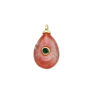 Teardrop natural pink stone pendant with green gemstone center and gold metal ring