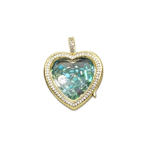 Golden heart locket pendant with turquoise beads and micro-paved sparkling cubic zirconia