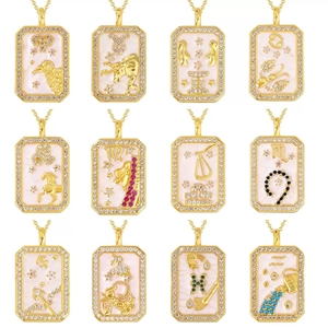 18K gold plated zodiac rectangle pendant necklaces set with micro-pave crystals