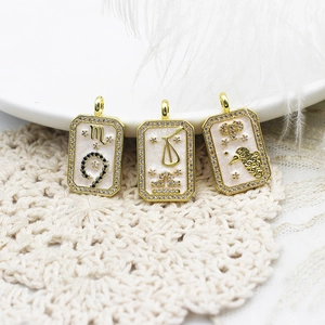 18K Gold Plated Brass Zodiac Pendant For Jewelry Making Zircon Inlaid Rectangular Astrology Charm For Necklace DIY Accessories