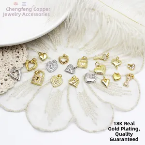 Copper 18K Gold Plated Heart Lock Key Bone Pendants Micro Pave Zirconia For DIY Necklace Bracelet Accessory Jewelry Making