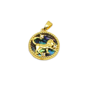 Gold plated zodiac Leo pendant with colorful abalone shell inlay and small zircon stones