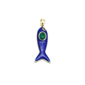 Blue enamel fish pendant with green gemstone inlay and gold-plated details