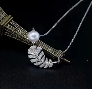 Vue macro de collier pendentif plume en cristal et perle sur fond élégant Tour Eiffel