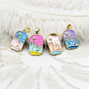 Vintage Tarot Rectangle Enamel Pendant 18K Real Gold Plated Copper Angel Sun Heart Palm Tree Tulip Conch Pendant Only Without Chain