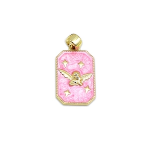 Pink enamel tarot angel cupid pendant with gold beaded border and octagonal star accents