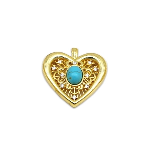 Golden heart pendant with oval turquoise center and white crystals for jewelry making