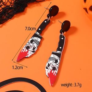 Halloween blutige Messer-Ohrringe aus Acryl mit Totenkopfmuster auf orangefarbenem Grund