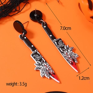 Boucles d'oreilles couteau Halloween en acrylique avec fleurs noires et effet sanglant