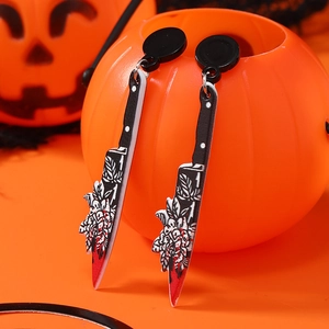 Boucles d'Oreilles Pendantes en Acrylique Couteau Sanglant d'Halloween pour Femmes Horror Sang Floral Imprimé Bijoux de Fête