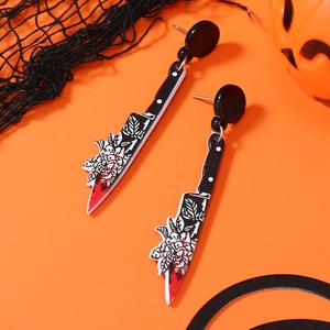 Boucles d'oreilles couteau d'Halloween en acrylique avec motif fleuri sur fond orange